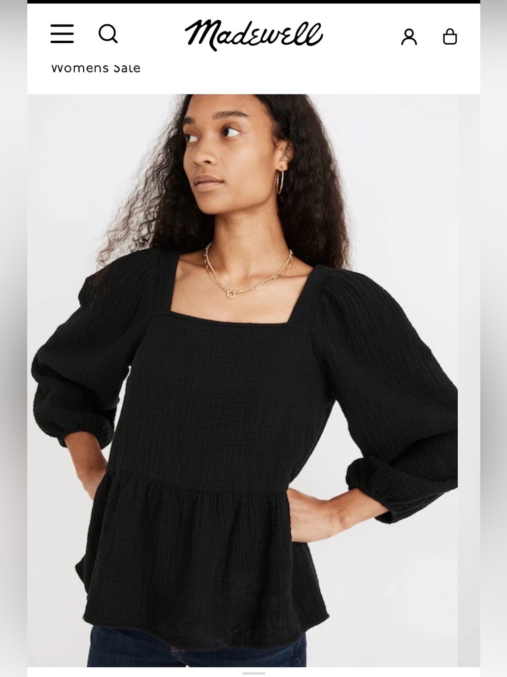 Madewell Lightspun Millbrook Puff-Sleeve Peplum Top in True Black - Size L